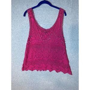 Crochet Tank Top Pink Women Floral Hippie Boho OS Layering Festival Scallop Hem